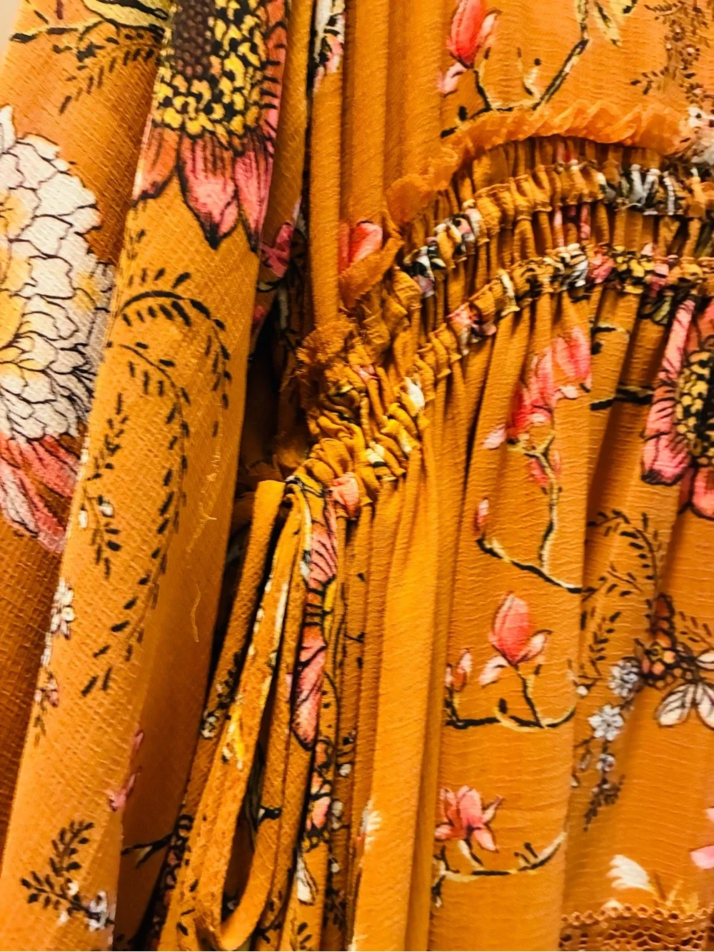 Smocked Waist Floral Long-Sleeve Dress - Mustard